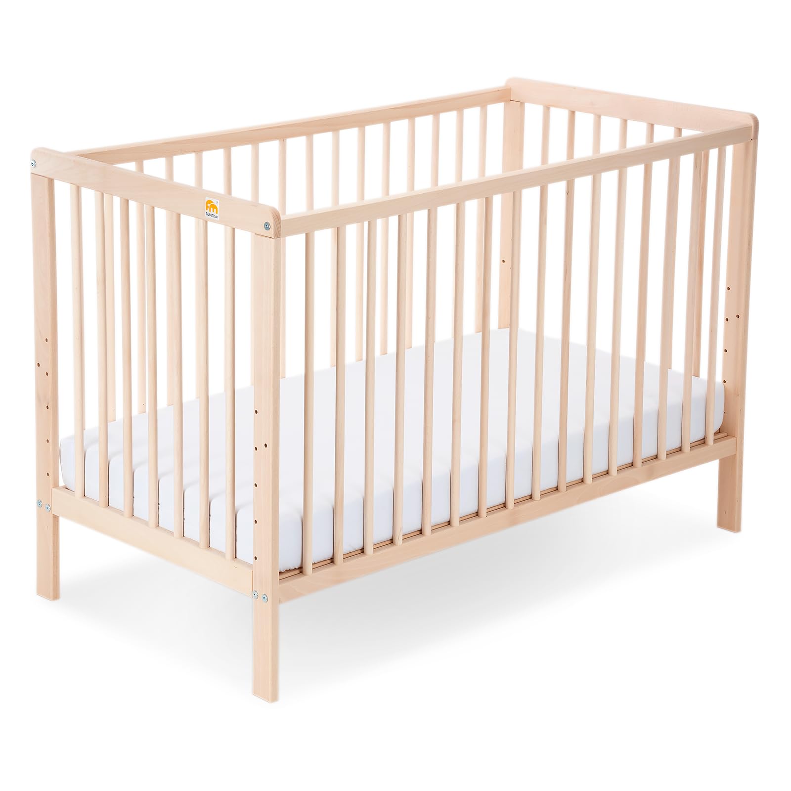 FabiMax Babybett Kinderbett Nubi Natur 120x60cm, aus naturbelassenem Buchenholz, 6-Fach höhenverstellbar, mit 4 Schlupfsprossen (Matratze Premium, Natur)