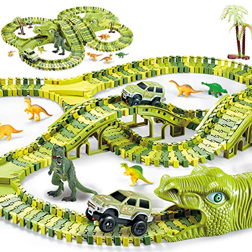 Dinosaur Toys, 260 Pcs Dinosaur Car Race Track Toy With 3 Cars Playset, Includes 250 Flexible Train Track, 7 Dinosaur And 2 Dinosaur Head Best Gift For Boys Girls Ages 3 4 5 6 7Years Old And Up #TOP7