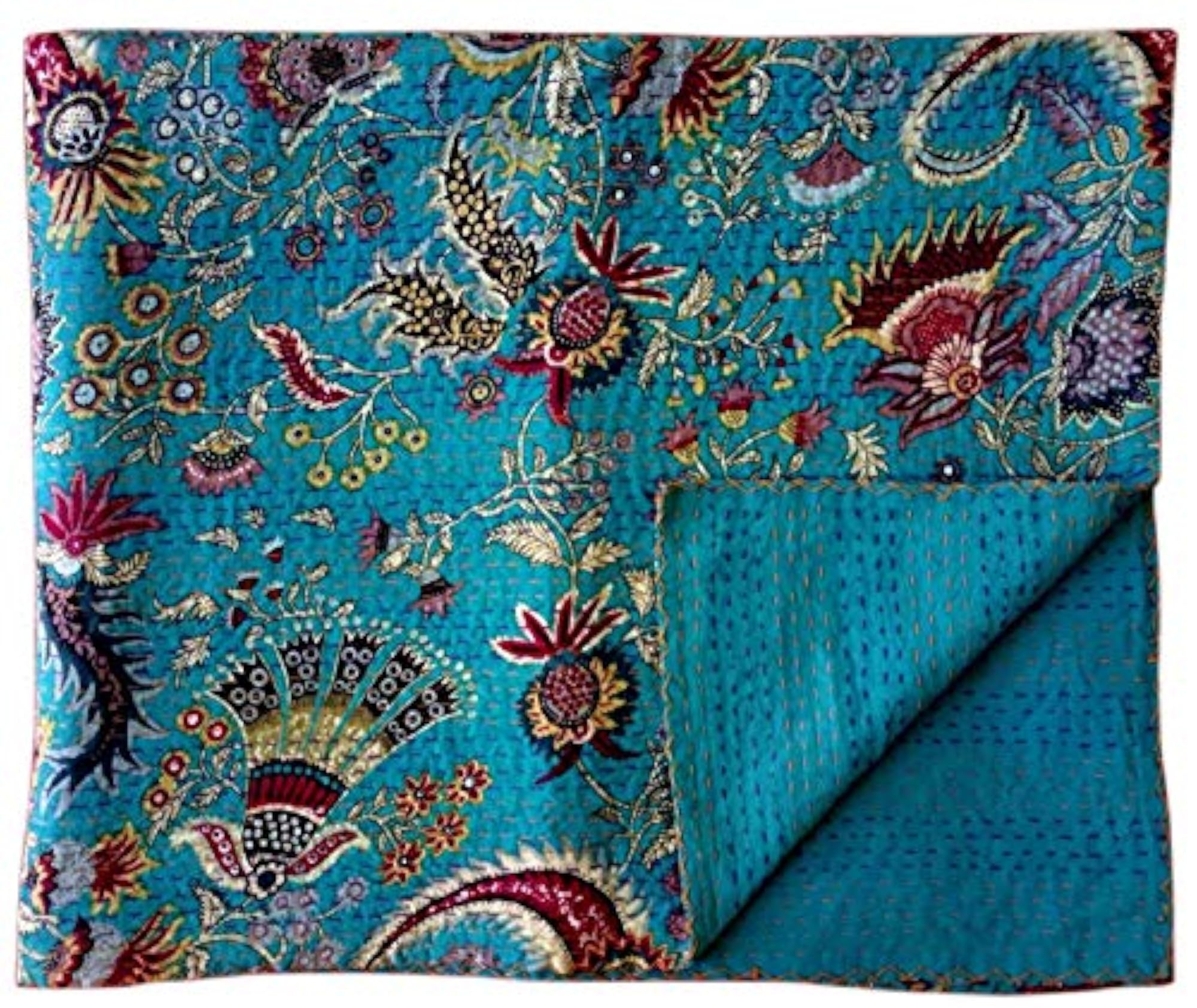 Bird Print Cotton Handmade Bedspread Kantha Quilt, King Size