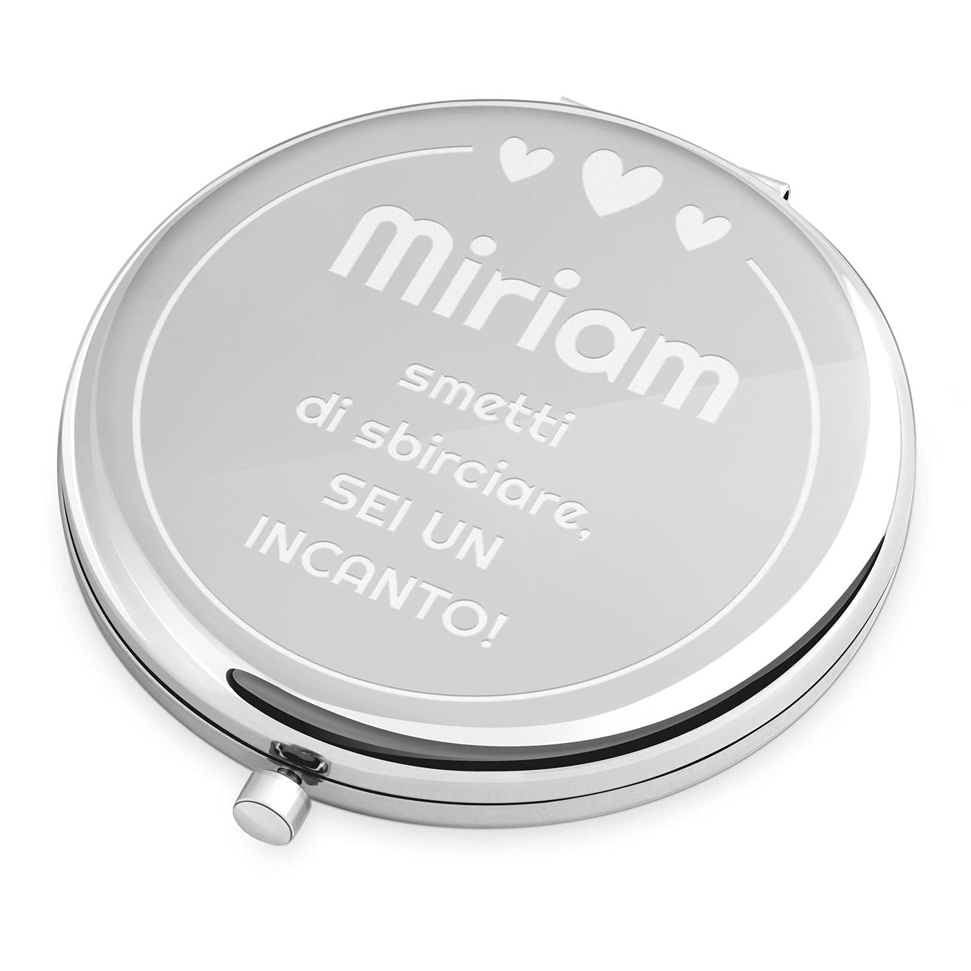 Maverton Specchio Rotondo da Borsetta - Personalizzazione a Incisione Laser - 2 in 1 - Specchio Ingranditore + Specchio - Specchio Trucco - regalo donna compleanno - Cuori