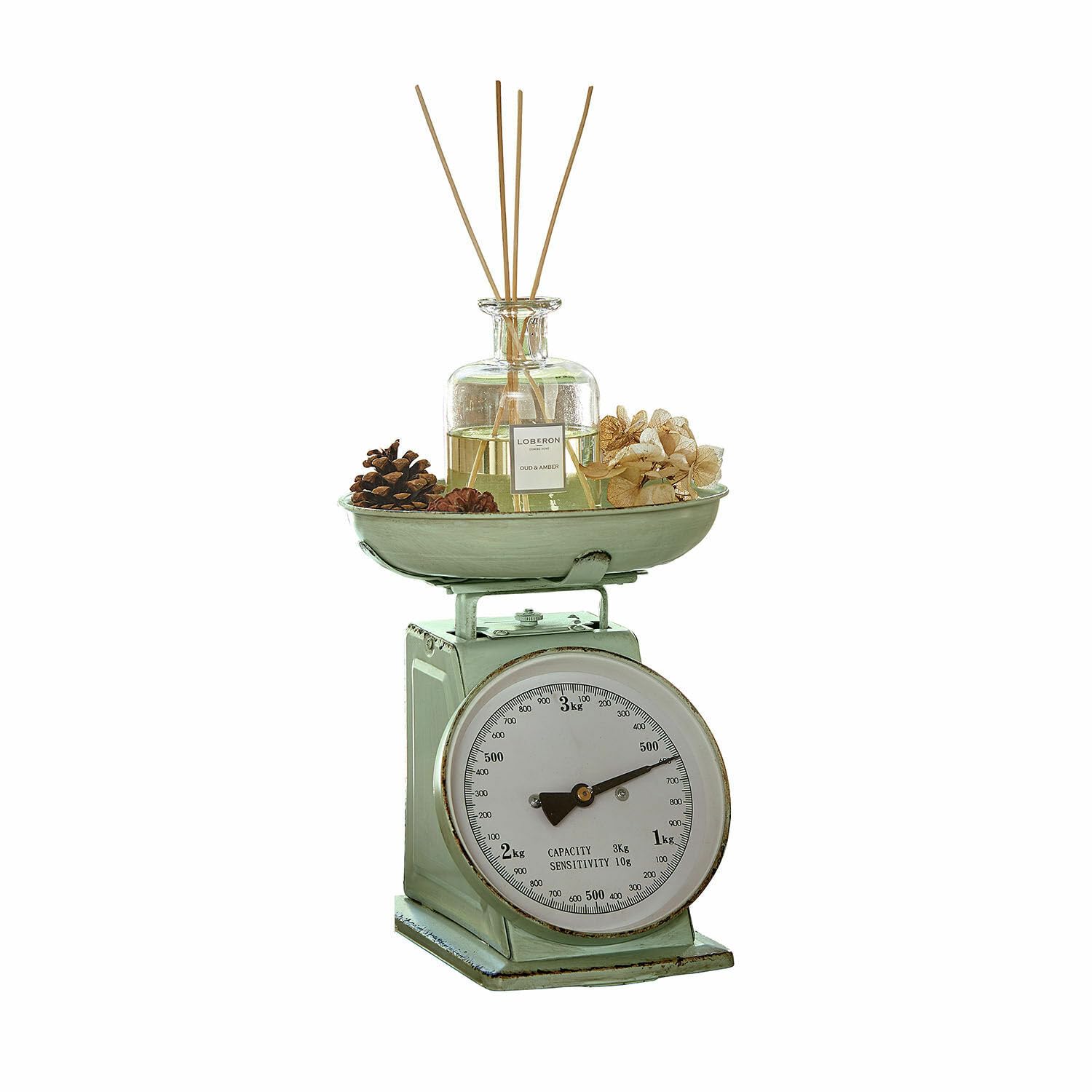 LOBERON Küchenwaage Dorianza – Funktional & Dekorativ, präzise Waage bis 3 kg, Antikgrün, Retro-Stil – Eisen/Glas, antikgrün