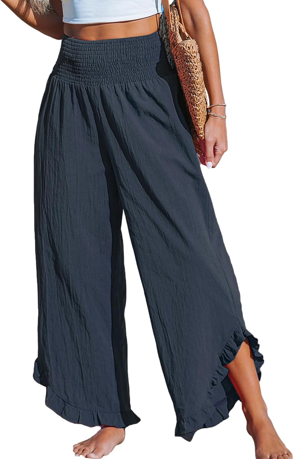 CUPSHE Women Pants Smocked Waist Straight Leg Ruffle Cuffs Loose Fit Pant Casual Beach