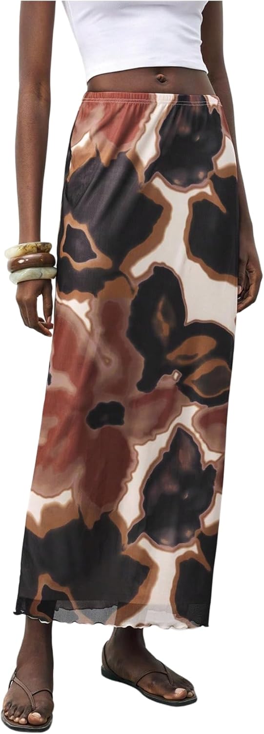 Floerns Women's Graphic Elastic Waist Long Skirts Trendy Casual Mesh Maxi Skirt