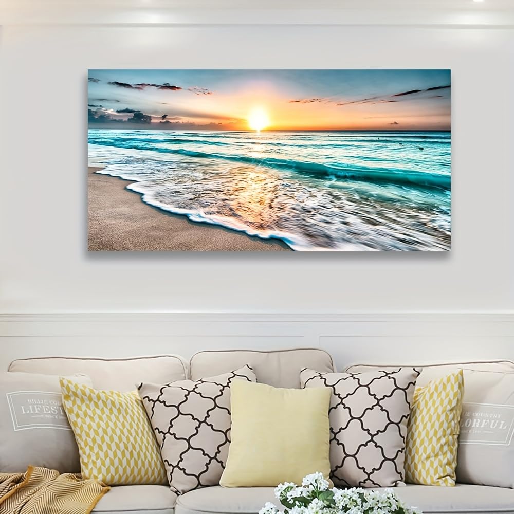 Ihhgnb Multicolor Vibrant Large Ocean Beach Sunset Canvas Wall Art Coastal Waves Sandy Artwork Paintings For Living Room Home Office Decor(80X160cm(31X63in)/No Frame)