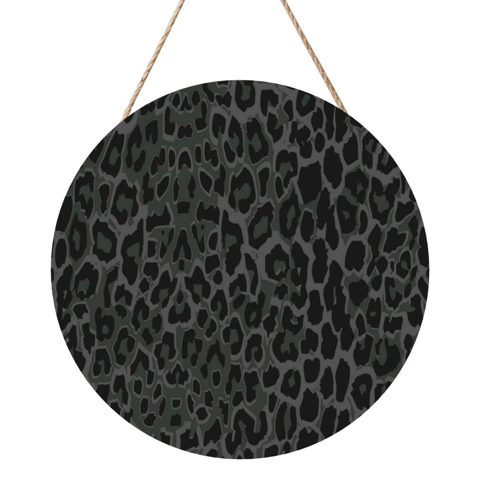 InOmak Seamless Black Leopard Print, Round Wood Panel Painting 12 in, Wall Hanging Painting For Home