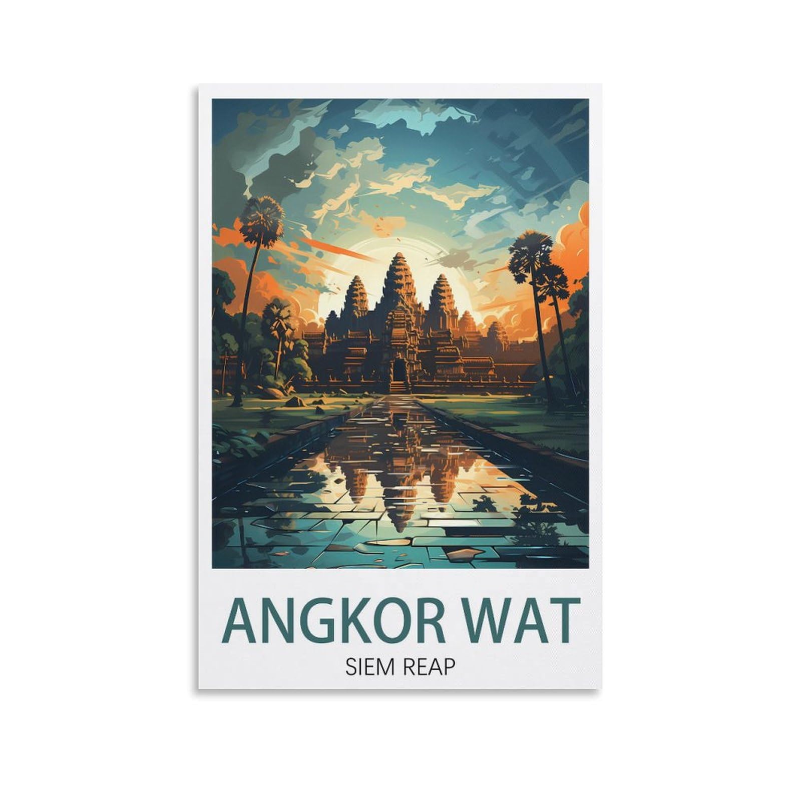 Puplum Unframe-Style Angkor Wat Siem Reap Cambodia Vintage Travel Posters Sunset 20X30inch(50X75cm) Canvas Wall Art Posters For Living Room Decor Paintings For Home Decor