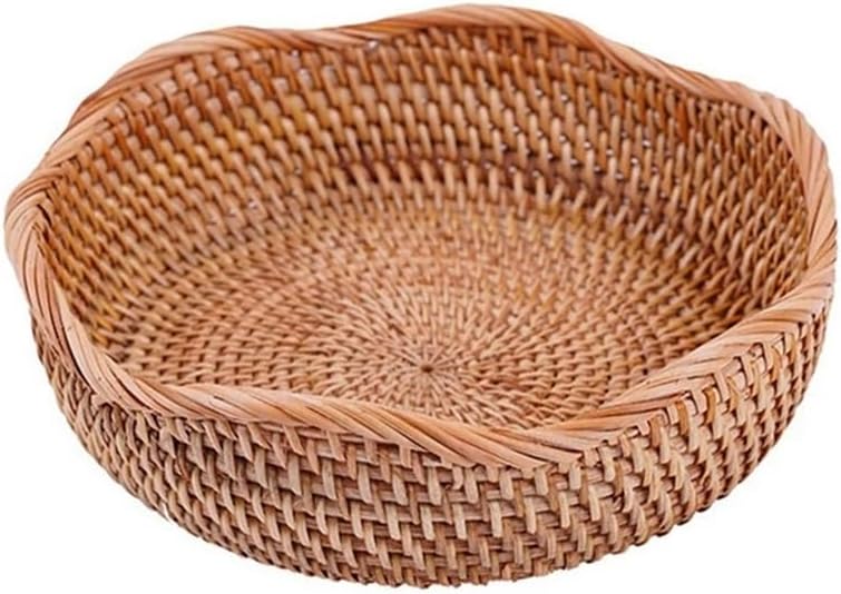 Luopan Storage Accessories, 1-Pack 25cmx8cm Kitchen Accessories, Handwoven Round Rattan Storage Basket, Wave Edge Wicker Picnic Container