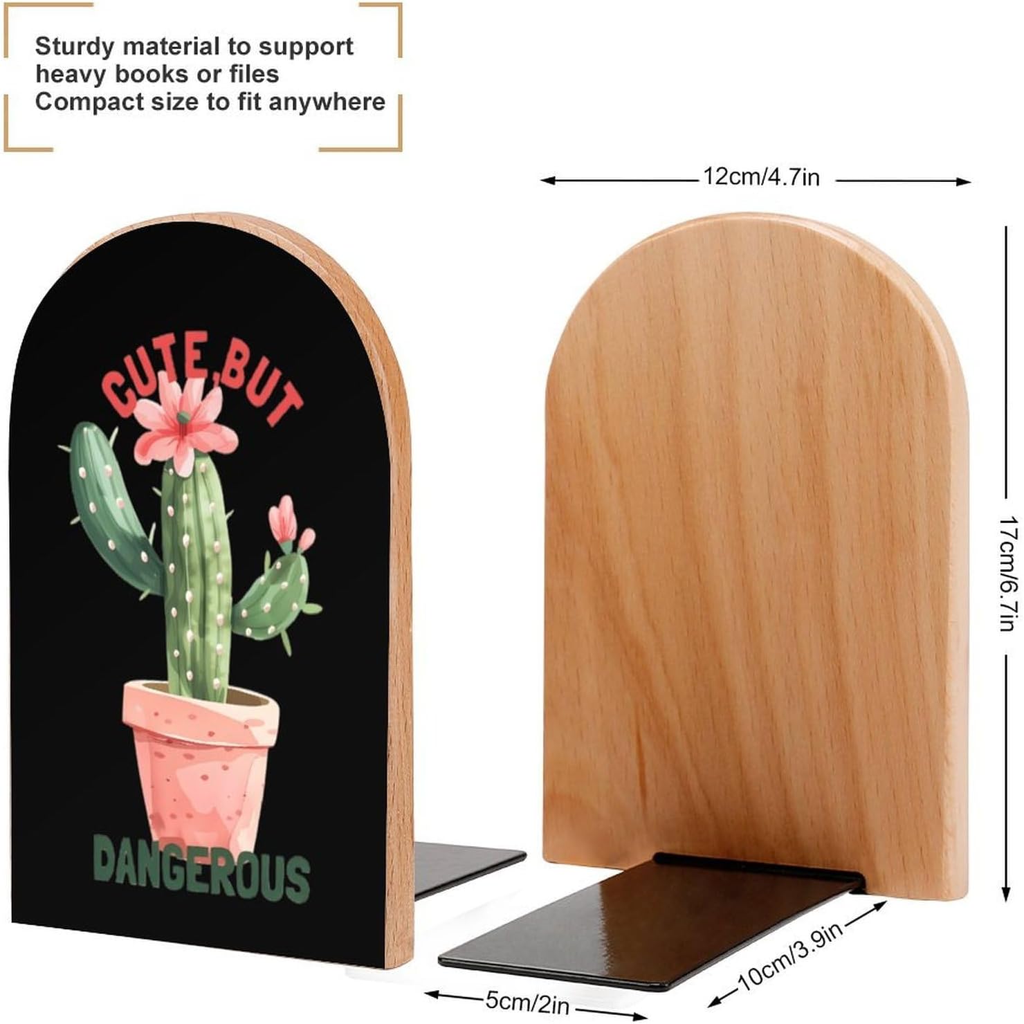 Cute But Dangerous Plants Cactus Cute Wood Book Ends Decorative Bookends 1 Pair Non-Skid for Shelves Home Office 7 X 5 Inch