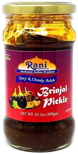 Rani Brinjal (berenjena) pepinillo suave (acarar, condimento indio picante) Tarro de vidrio de 10.5 oz (300 g)  Vegano  Sin gluten  Sin OMG  Sin