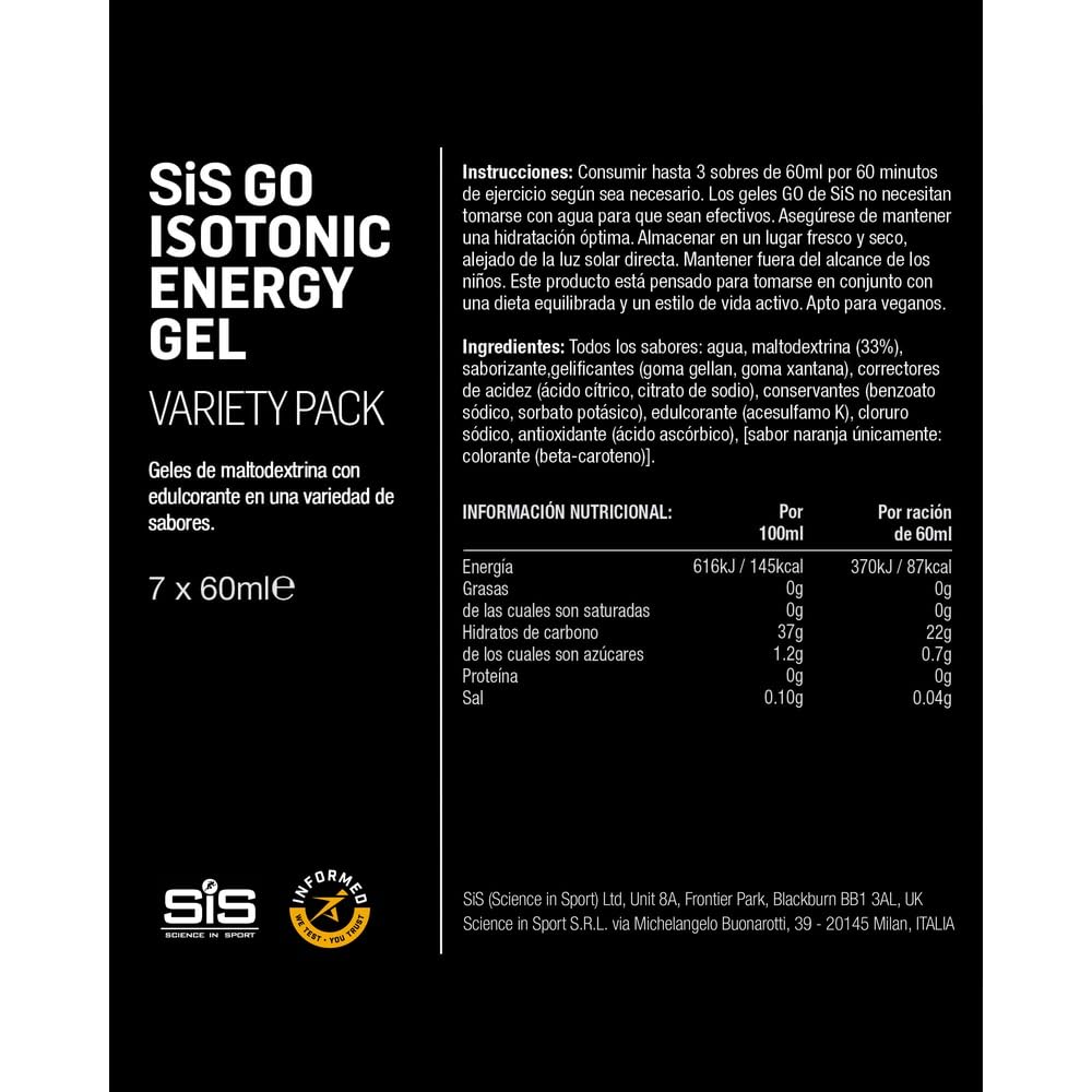 Science in Sport GO Gel Energético Isotónico 7cx 60ml Variado, Vegano - Formulación isotónica con 22g de carbohidratos, Buen proveedor de energía, Alternativa óptima a las bebidas isotónicas.