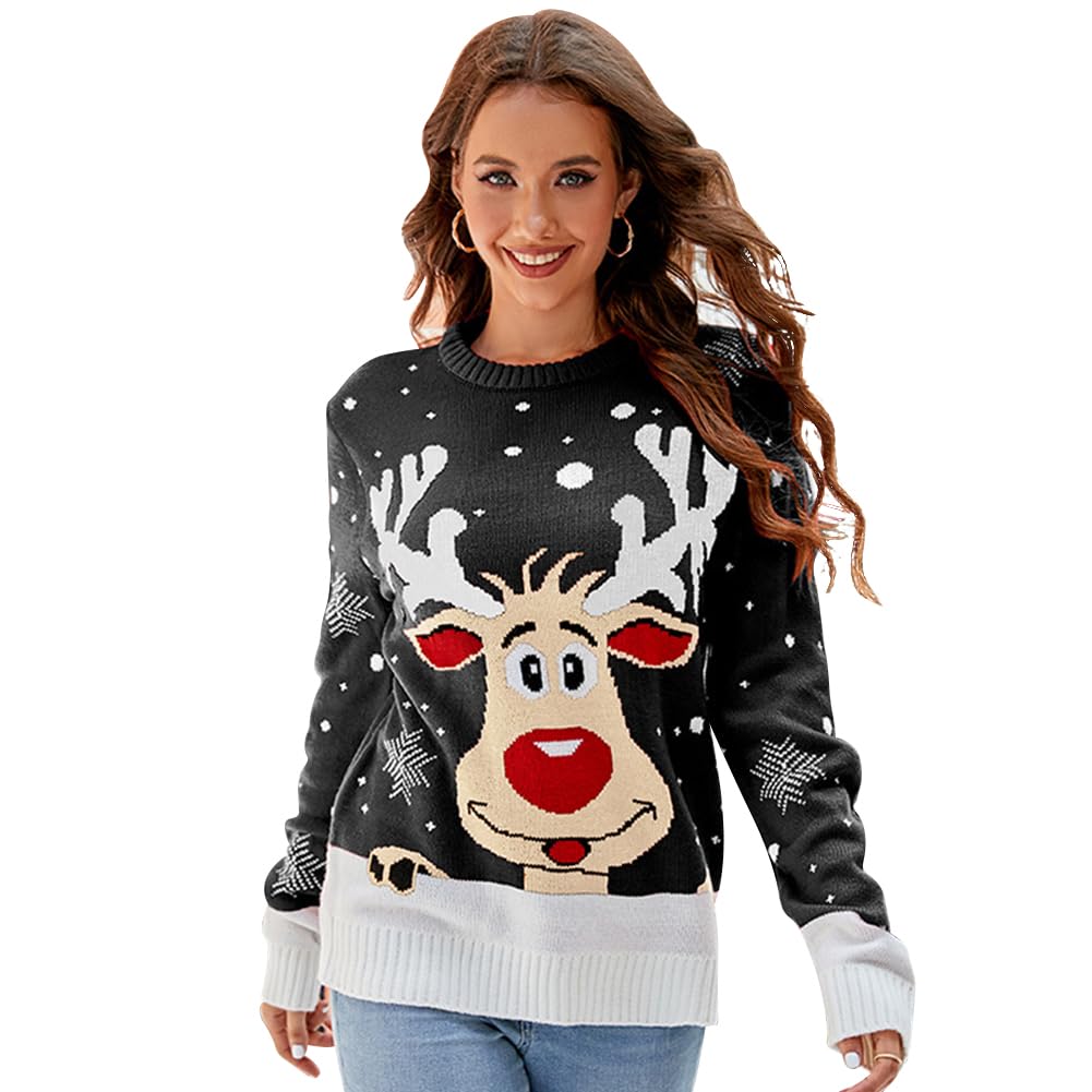 Odizli Jersey de Navidad para mujer Ugly Christmas Sweater manga larga Navidad corzo alce otoño invierno cálido suéter de punto
