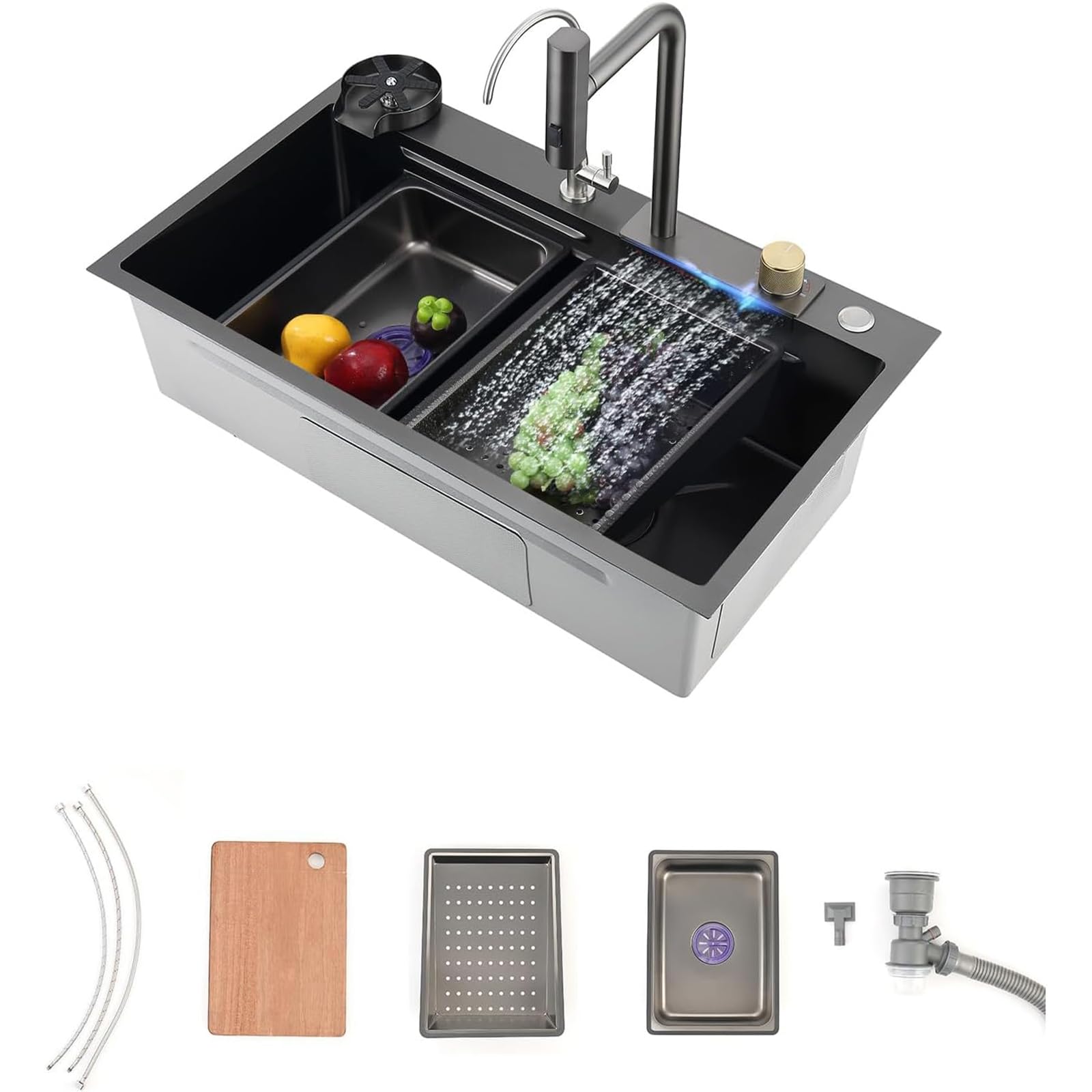 Évier multifonction lavabo cuisine grand bac 84x56 avec kit de vidange