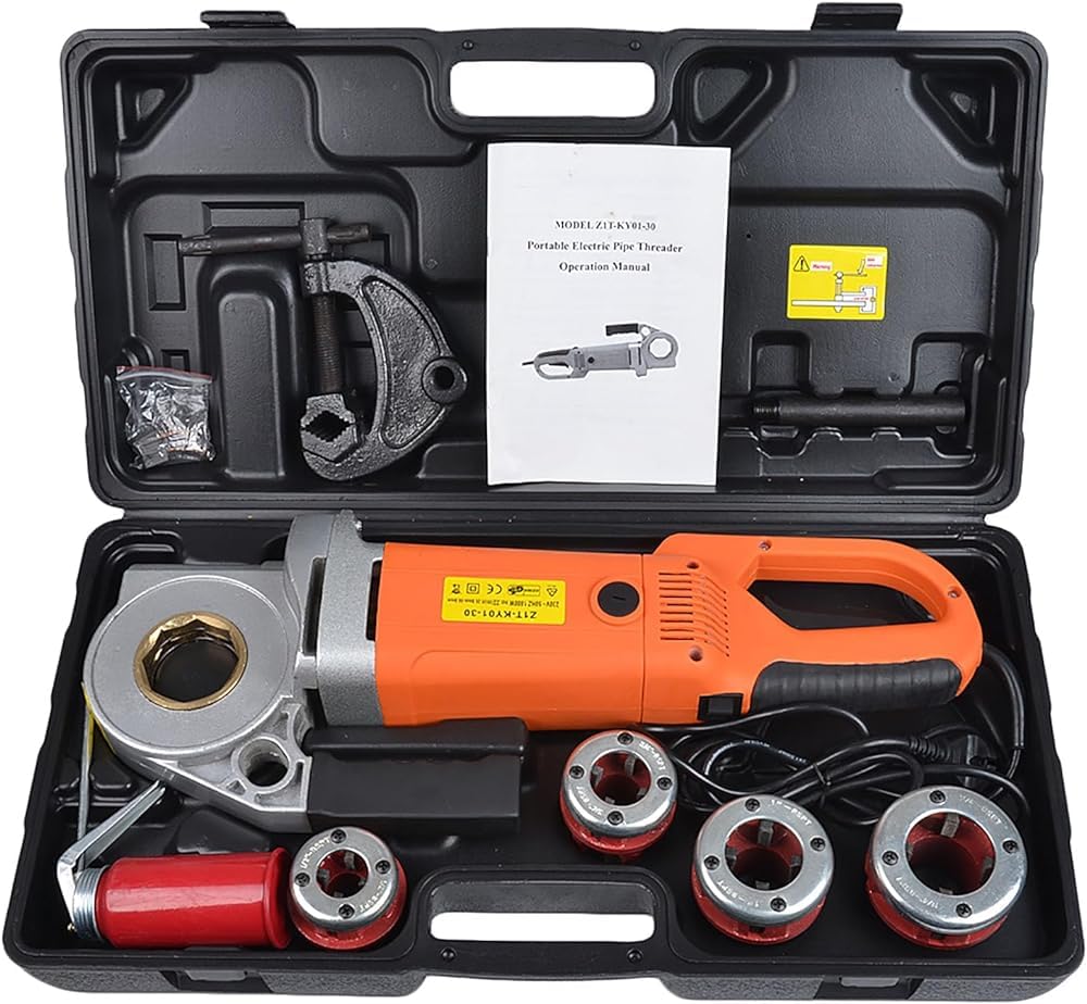 Electric Pipe Threader, 2300W Pipe Threading Machine, Heavy-Duty Hand-Held Power Drive Kit, Pipe Threader Machine Copper Motor, Portable Pipe Threader with 6 Dies 1/2"-2" and Carrying Cas(Size:4heads)