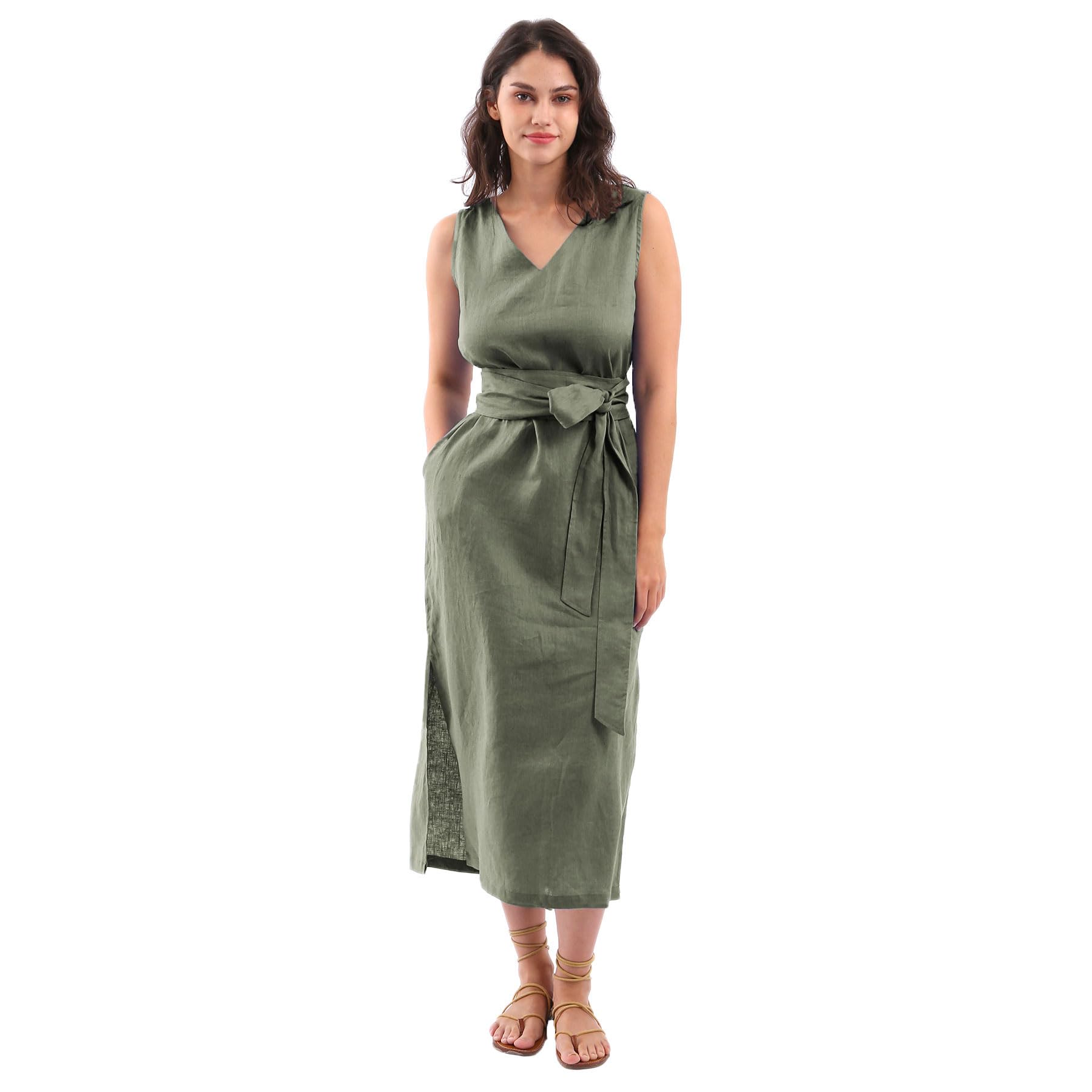 Amazhiyu 100% Linen Midi Dress