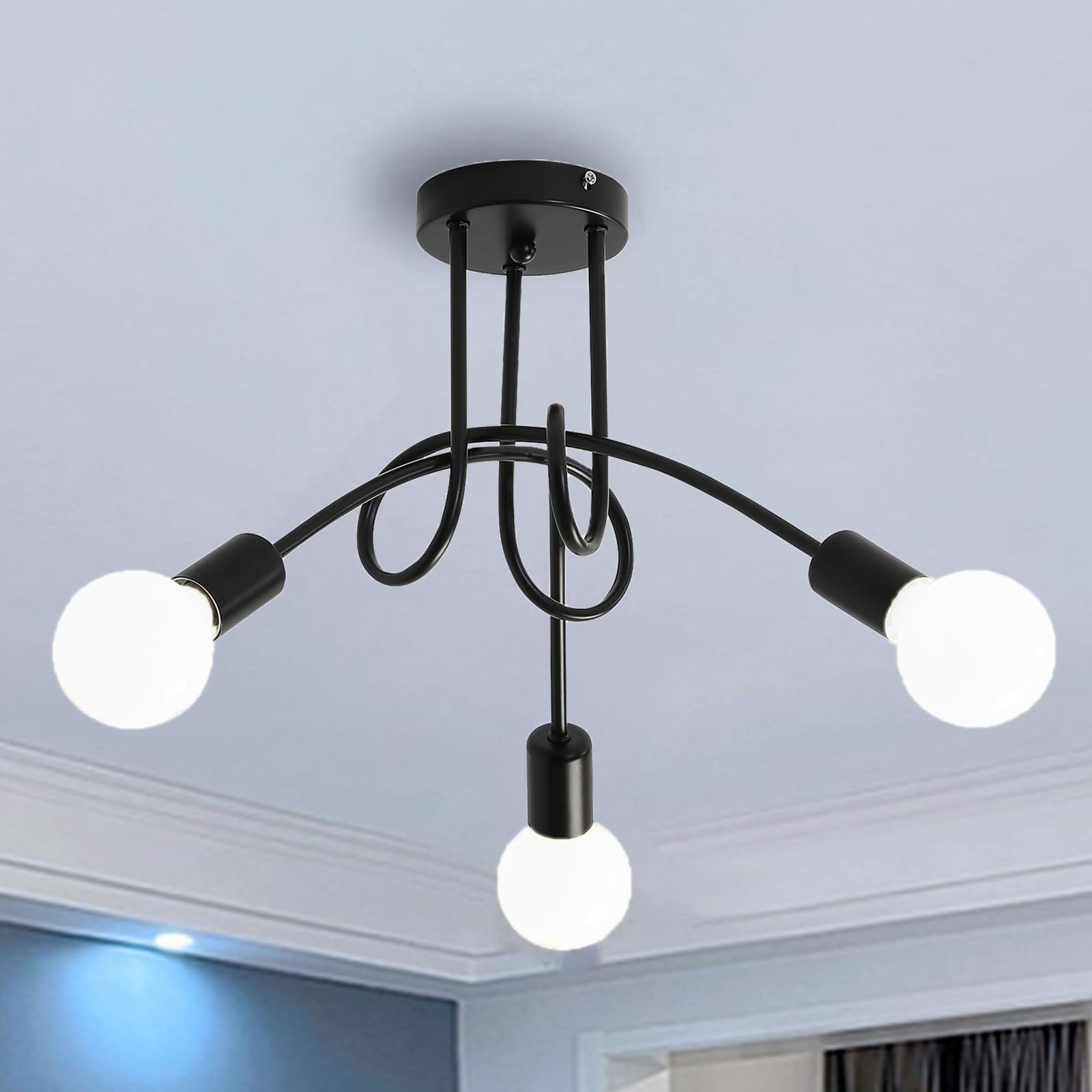 DAXGD Lámpara de araña vintage, lámpara de techo industrial de 3 luces, moderna lámpara de dormitorio de metal negro E27, adecuada para sala de estar, pasillo, cafetería, bar (sin bombilla)
