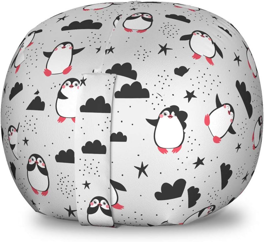 Ambesonne Cartoon Storage Toy Bag Chair, Funny Penguins in Love Joyful Arctic Animals Stars Clouds Doodle, Stuffed Animal Organizer Washable Bag, Large Size, Dark Blue Grey and Black