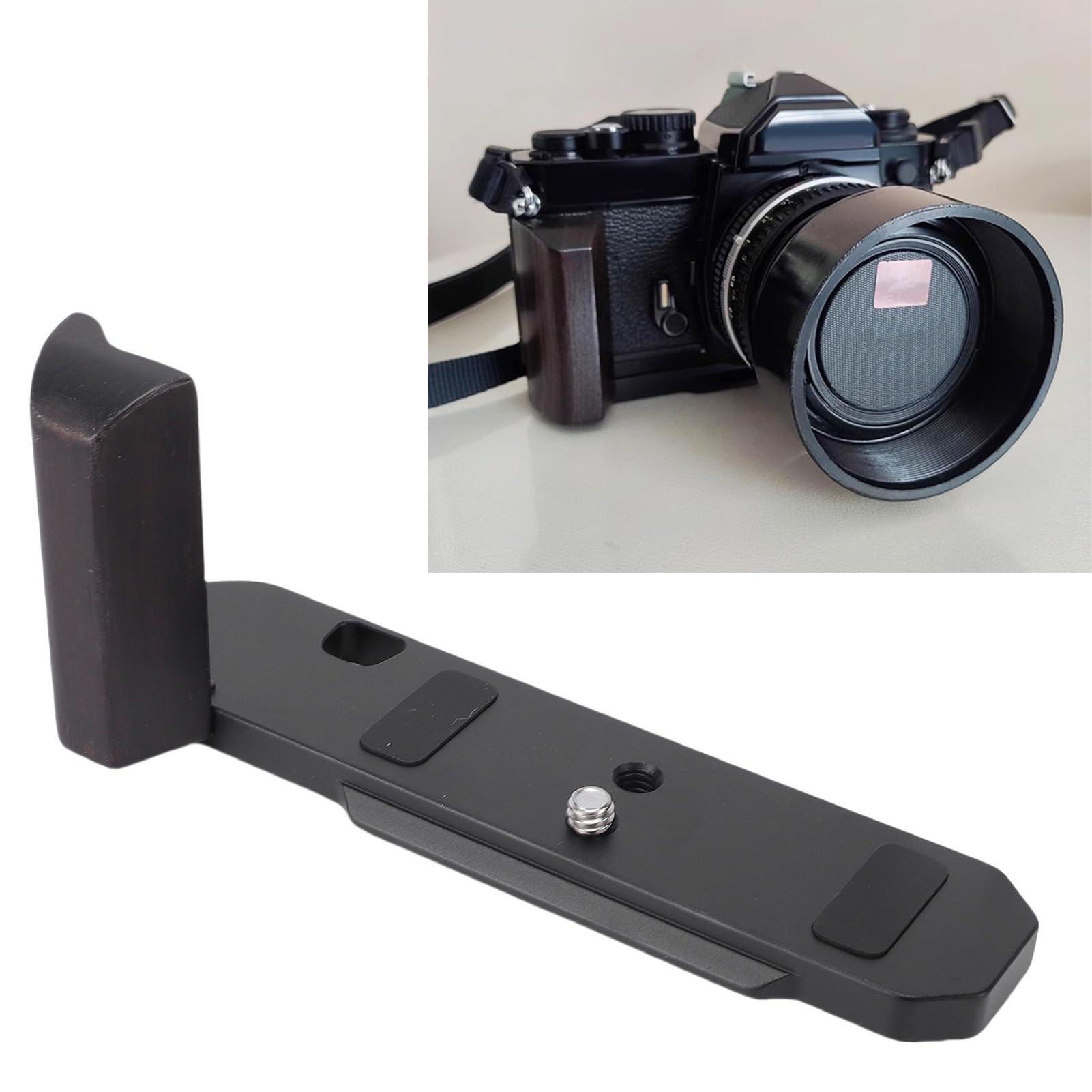 ASHATA Impugnatura per Fotocamera a Forma di L in Legno, Supporto per Piastra a Sgancio Rapido in Lega di Alluminio per FM2 FE2 FM3A, Impugnatura a L con Manico in Legno, Accessori per Fotocamera per