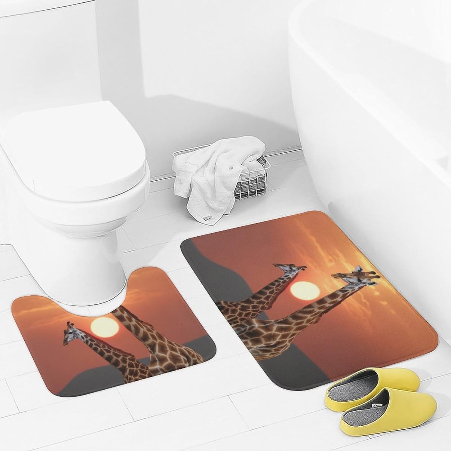 Bathroom Rugs Sets 2 Piece Giraffe at Sunset Bathroom Mats Absorbent Microfiber Bath Rugs and U-Shaped Contour Toilet Rug Non Slip Bath Mats Carpet for Bathroom Bathtub