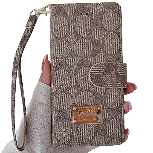 Designer Wallet Case for Apple iPhone 12 ProMax,Classic Monogram Luxury Case,Premium PU Leather Flip Protective Case Cover with Kickstand Cover for iPhone 12 ProMax(Khaki-6.7 inch)