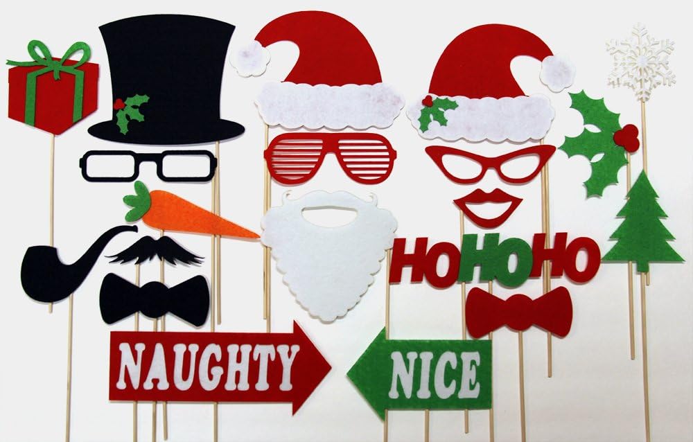 Best Quality Felt Christmas Photo Booth Props Mr and Mrs Santa Clause , Frosty Snowman, Naughty and Nice , Mistletoe and More Holiday Theme Fun Party 20 Piece Set