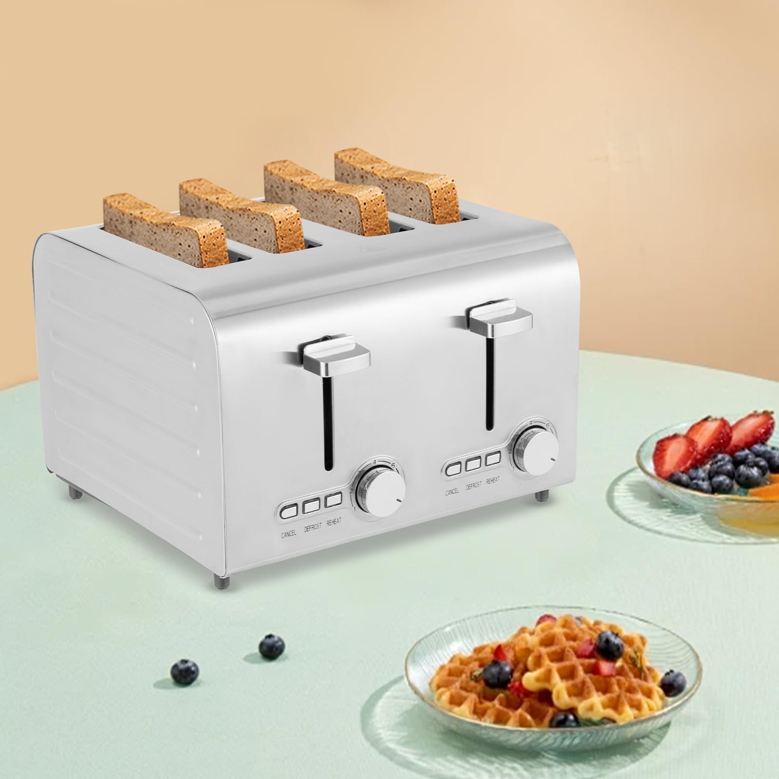 Tostapane in acciaio inox a 4 fette per casa, panetteria, snack bar, ristorante, caffetteria, argento, 27,8 x 28 x 19,3 cm, 1500 W, 220 V, 50 Hz