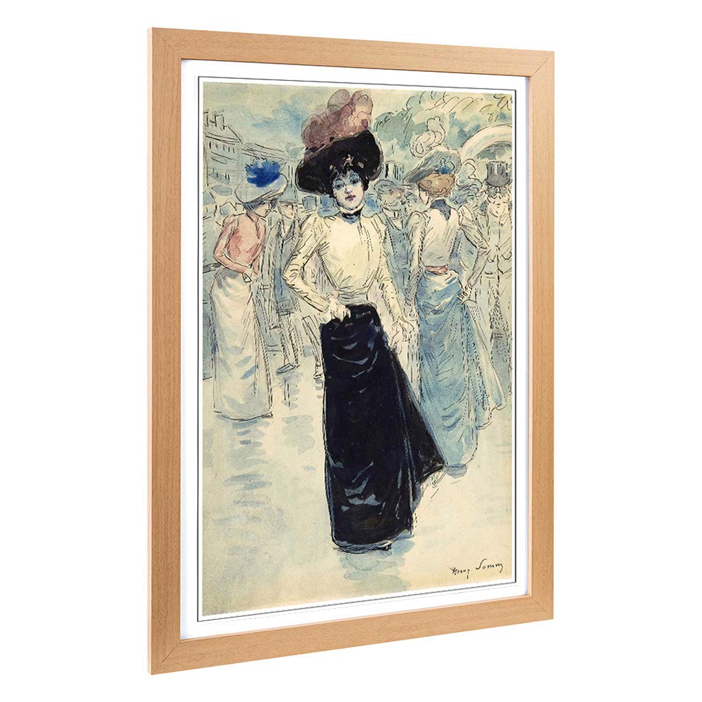 Big Box Art Framed Print of Henry Somm Woman on Paris Street Design | Wall Art Picture | Home Decor for Kitchen, Living Room, Bedroom, Hallway, Oak, A2 / 24.5x18 Inch / 62x45cm