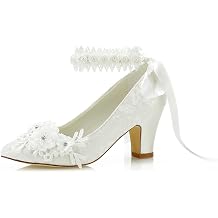 JIAJIA 62311B Womens Bridal Shoes Closed Toe 2.7" Chunky Heel Lace Satin Pumps Satin Flower Ribbon Tie Wedding Shoes