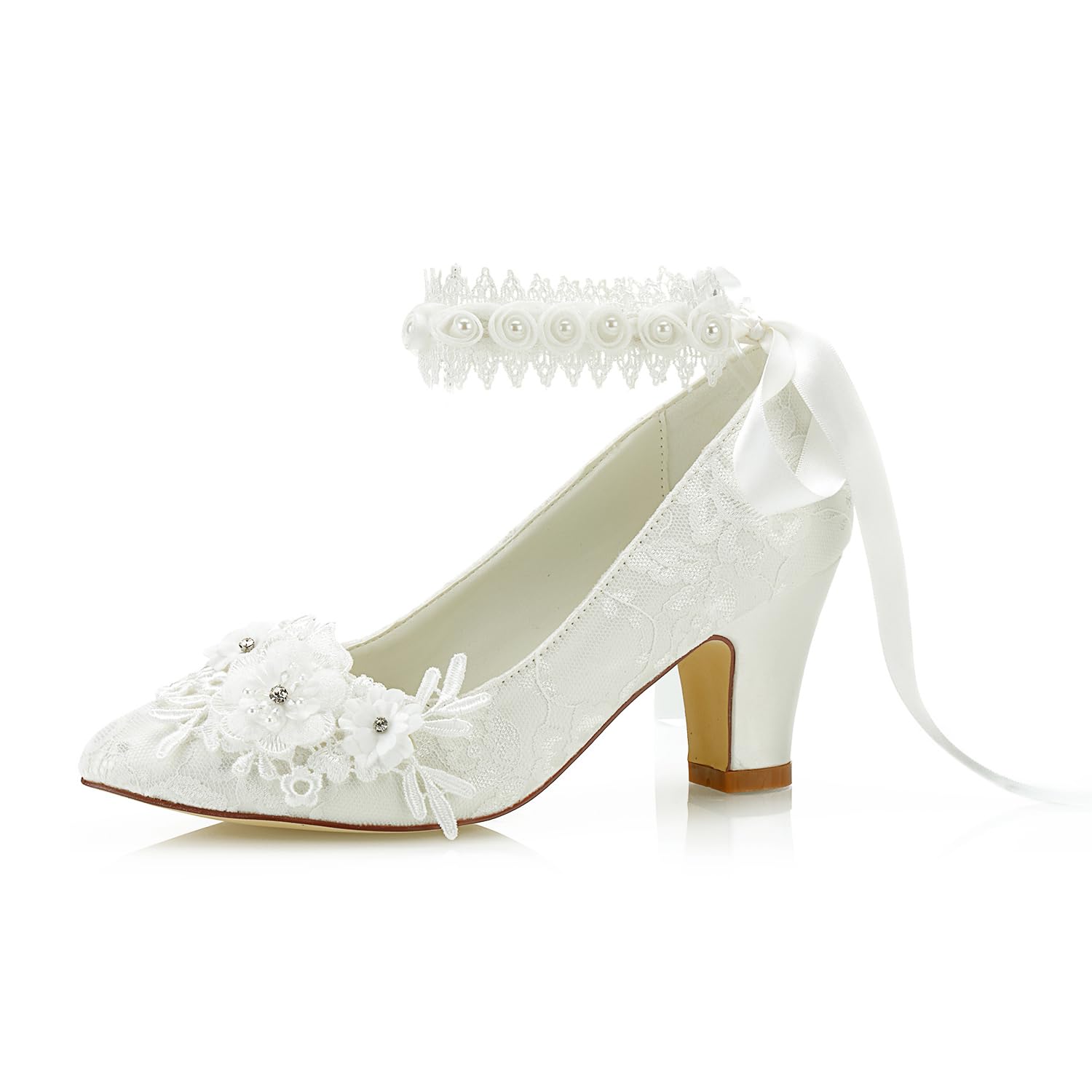 JIAJIA 62311B Damen Brautschuhe Geschlossene Spitze 7cm Blockabsatz Satin Pumpen Satin Blumenband Krawatte Hochzeitsschuhe