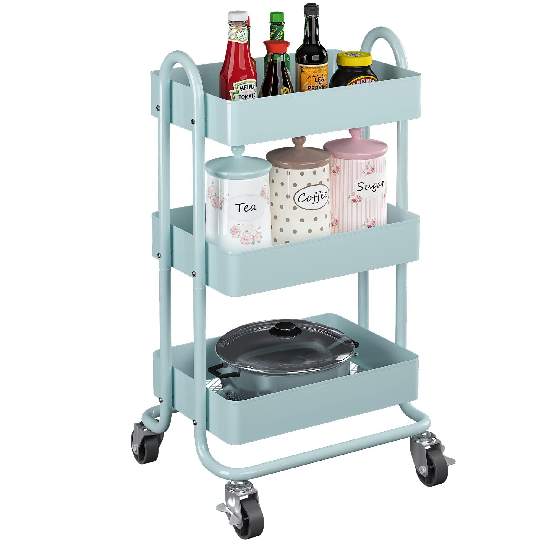 3-Tier Rolling Cart with Wheels,Kitchen Storage Carts or Metal Rolling Utility Cart with Handle,Movable Storage Organizer,Blue Carts for Nursery,
