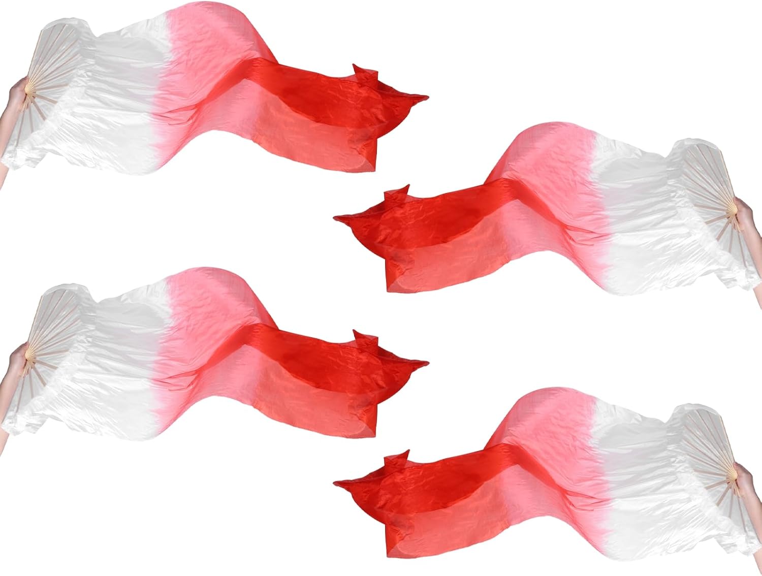 PATIKIL Belly Dance Silk Fan Veil 71", 2 Pair (Left+Right) Women Long Folding Dance Fan Wood Fan for Dance Performance, White Gray Black