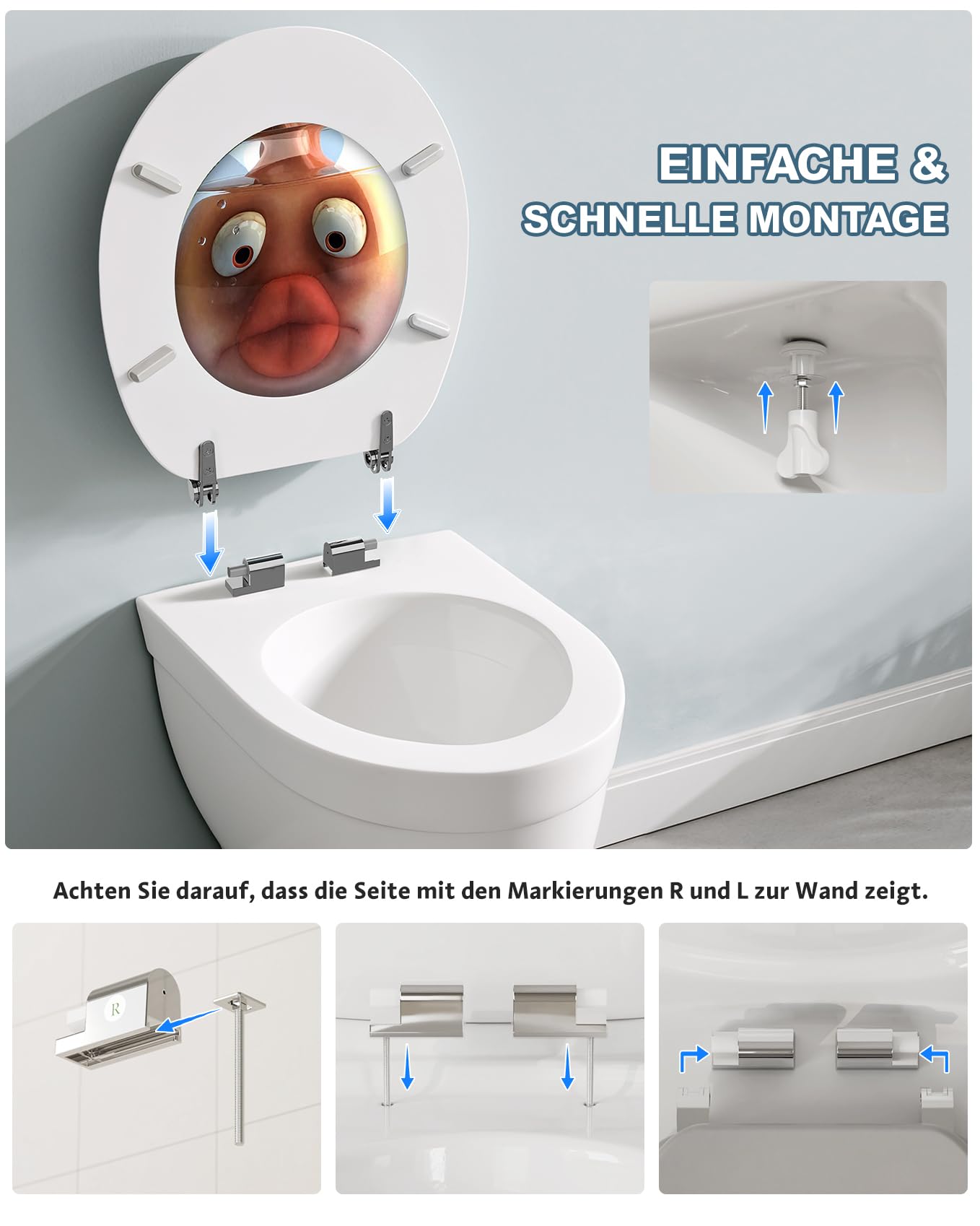Ribelli WC Sitz mit Absenkautomatik, Toilettendeckel O-Form in Viele Motiven, Klodeckel Einfache Montage, Leicht zu Reinigen, ca. 46 x 37cm (Goldfisch)