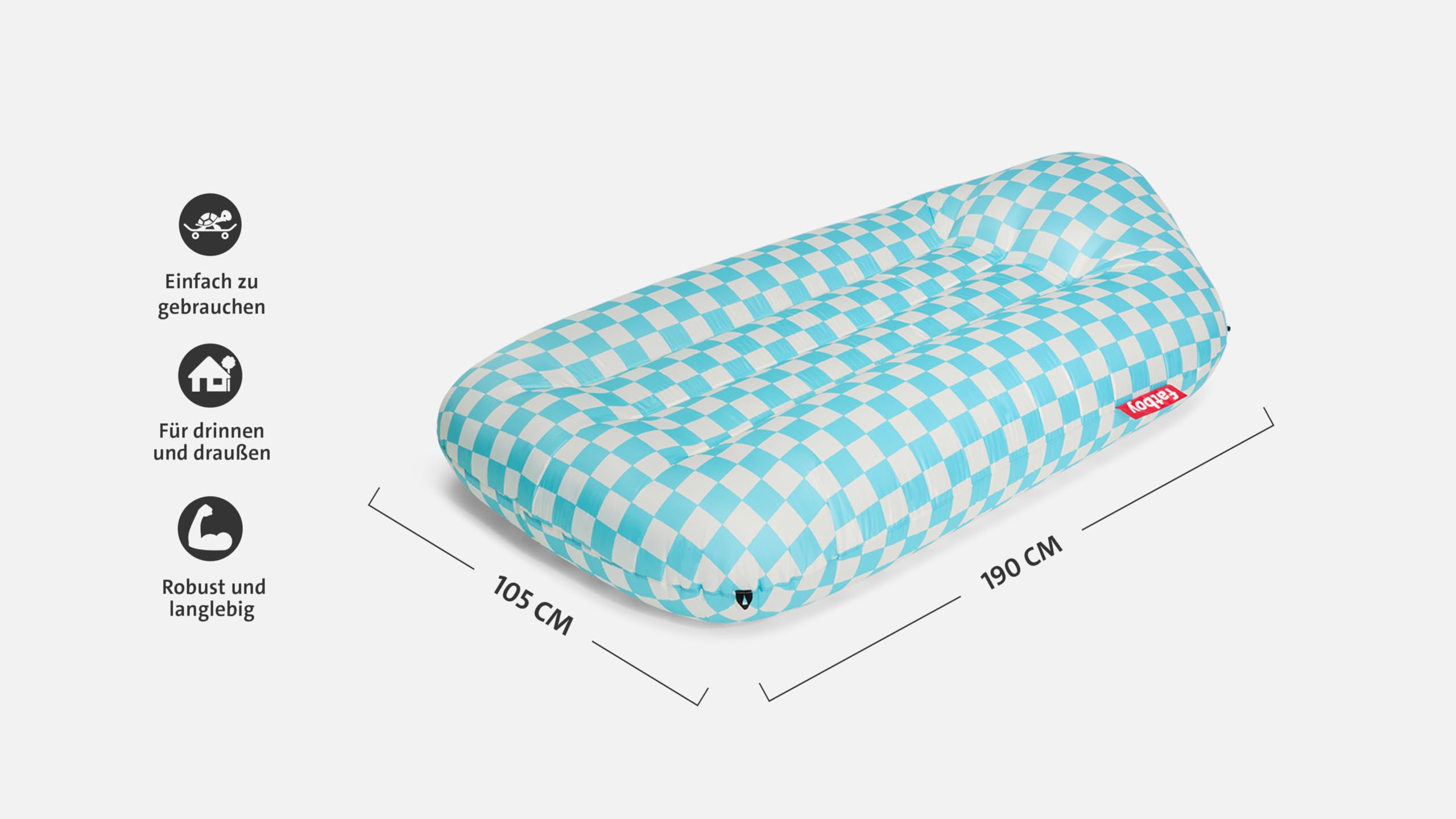 Fatboy Lamzac L Luftmatratze - Aufblasbares Luftbett - Keine Luftpumpe Nötig - Indoor & Outdoor Inflatable Mattress- Wasser- & Schmutzabweisendes Sofa - Polyester - 195 x 112 x 50 cm - Azur-Weiß Karo