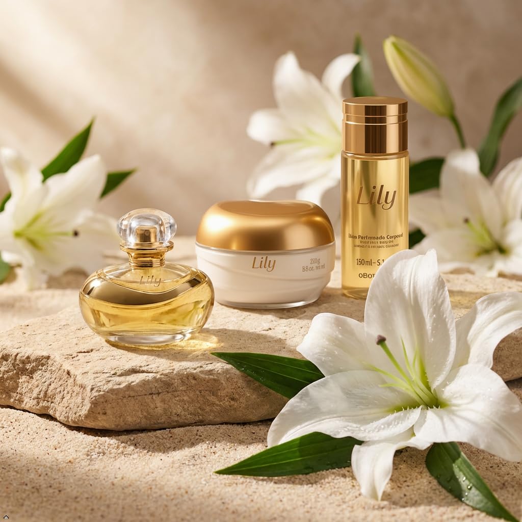 O Boticário Lily Set cadeau, parfum et soins de la peau avec 3 produits, crème hydratante pour le corps 250 g, huile de corps parfumée 150 ml et Eau de Parfum EDP 75 ml