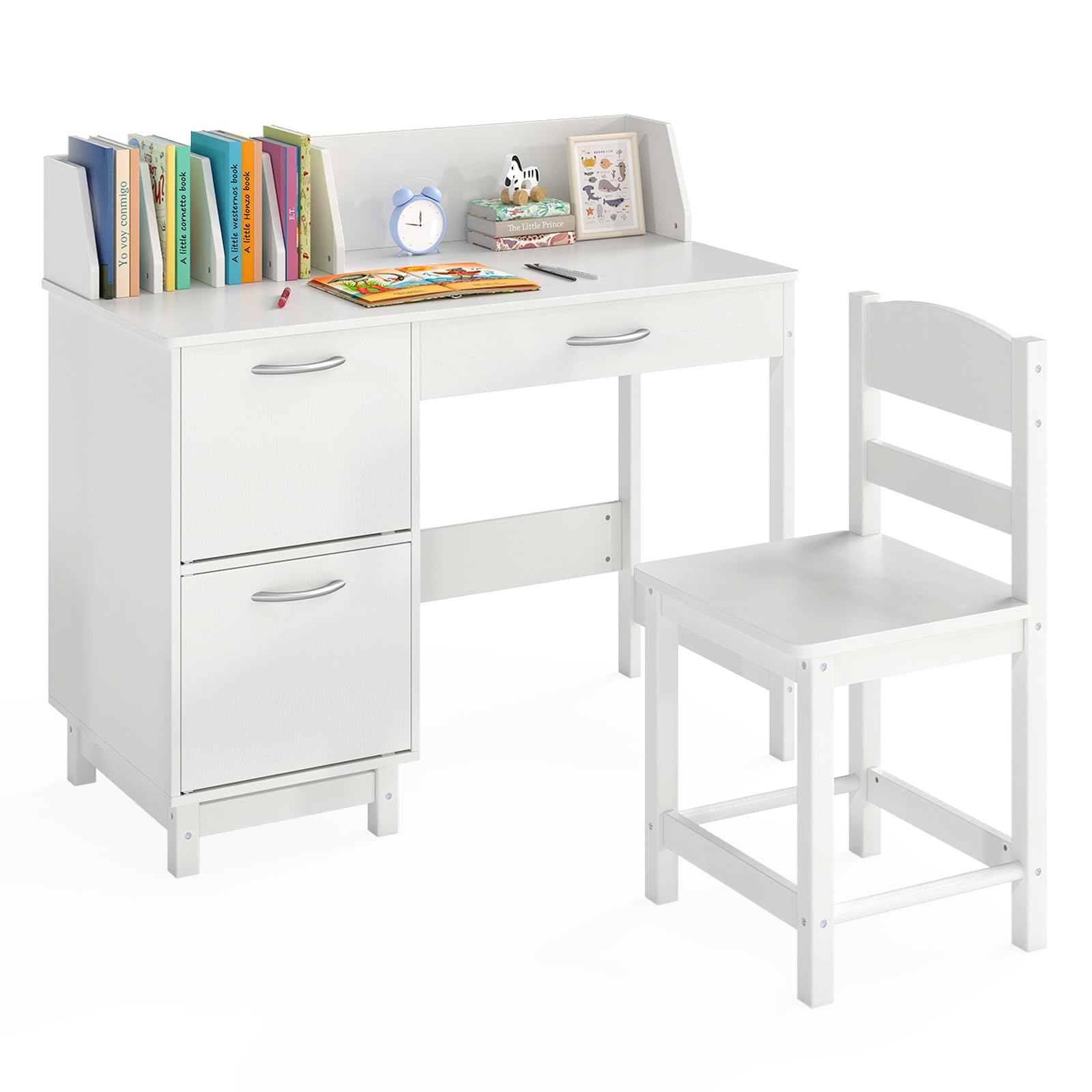 GOPLUS Bureau Enfant Fille Garçon, Table Enfant avec Chaise pour Dessiner, Lire, Bureau avec Rangement 1 Tiroir 2 Armoires, Table d'Étude en Bois pour Chambre, Maternelle (Blanc)
