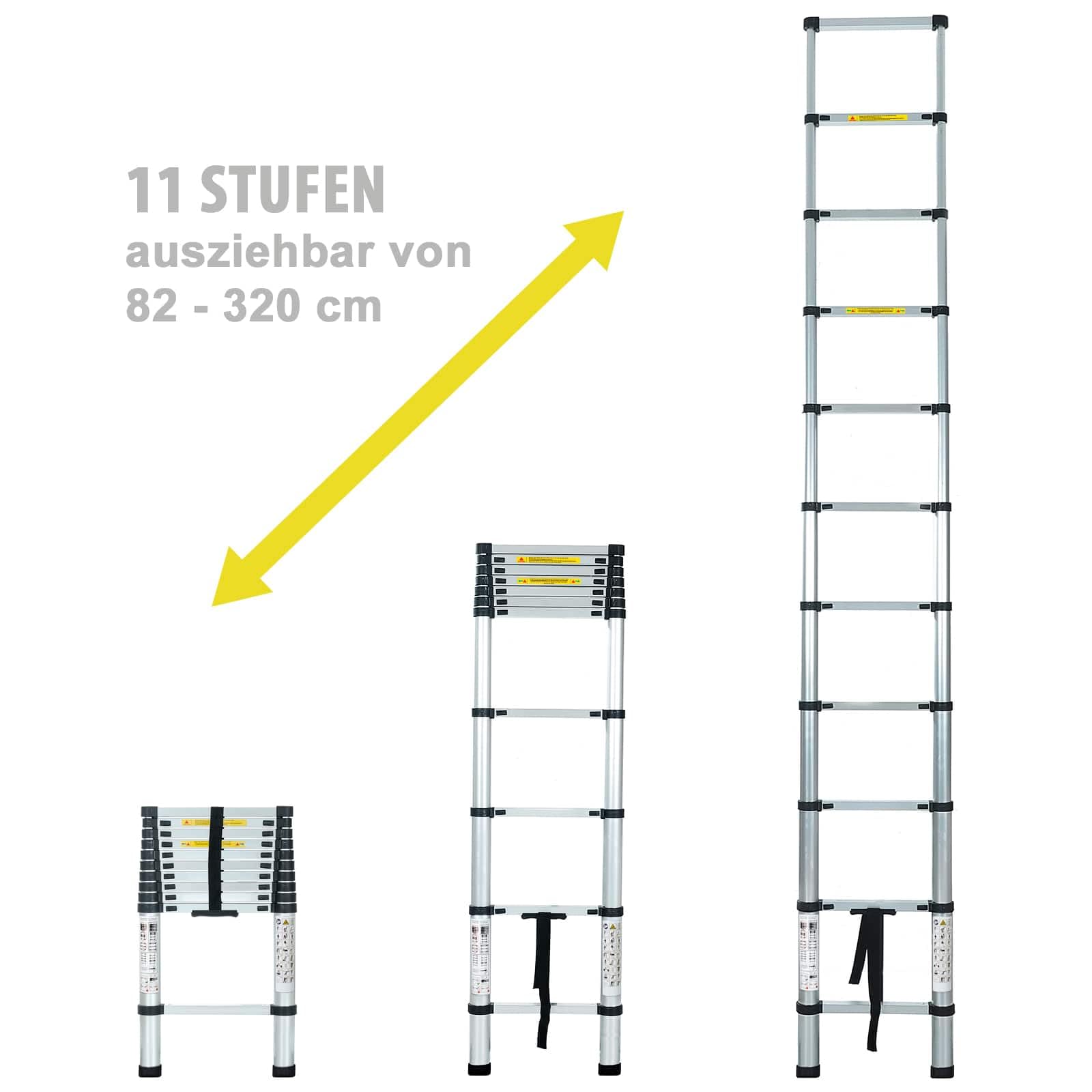 Eaxus® Teleskopleiter 3,2 m | DIN EN 131 | Aluminium Mehrzweckleiter | Ausziehbar mit 11 Stufen | Silber