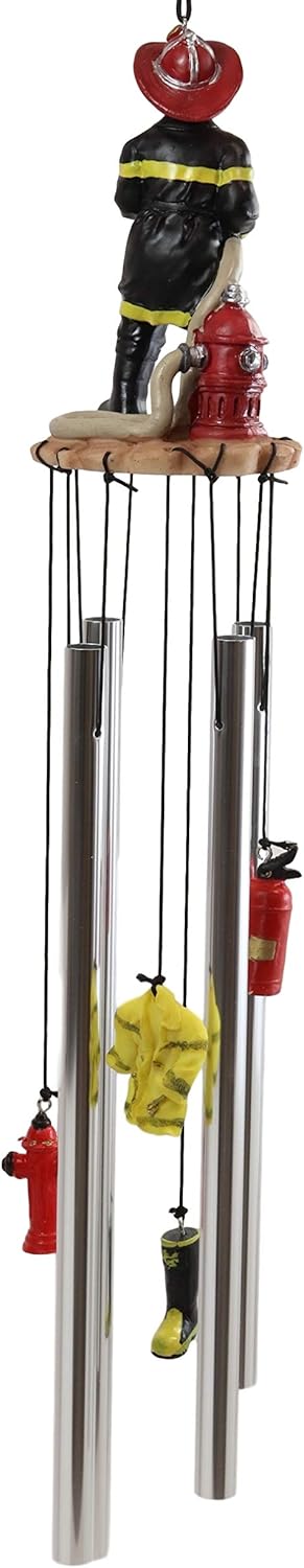 Ebros Gift Black Gear Outfit Fireman in Line of Duty with Fire Hose Attached to Hydrant Resonant Relaxing Wind Chime Patio Garden Accent of Fire Fighters Hydrants 911 Emergency Civil Service