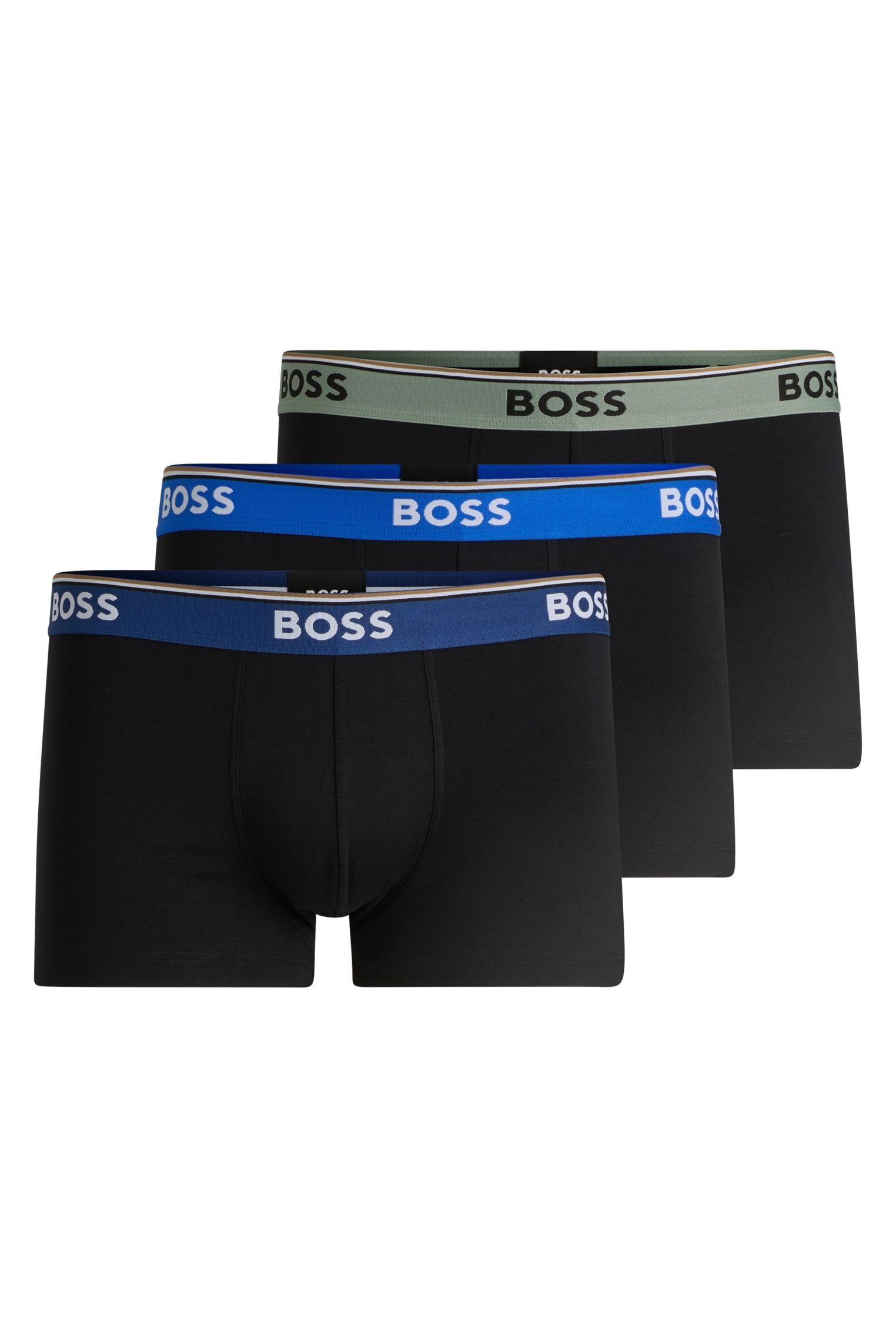 BOSS Mens Trunk 3P Power Three-Pack of Logo-Waistband Trunks in Stretch Cotton