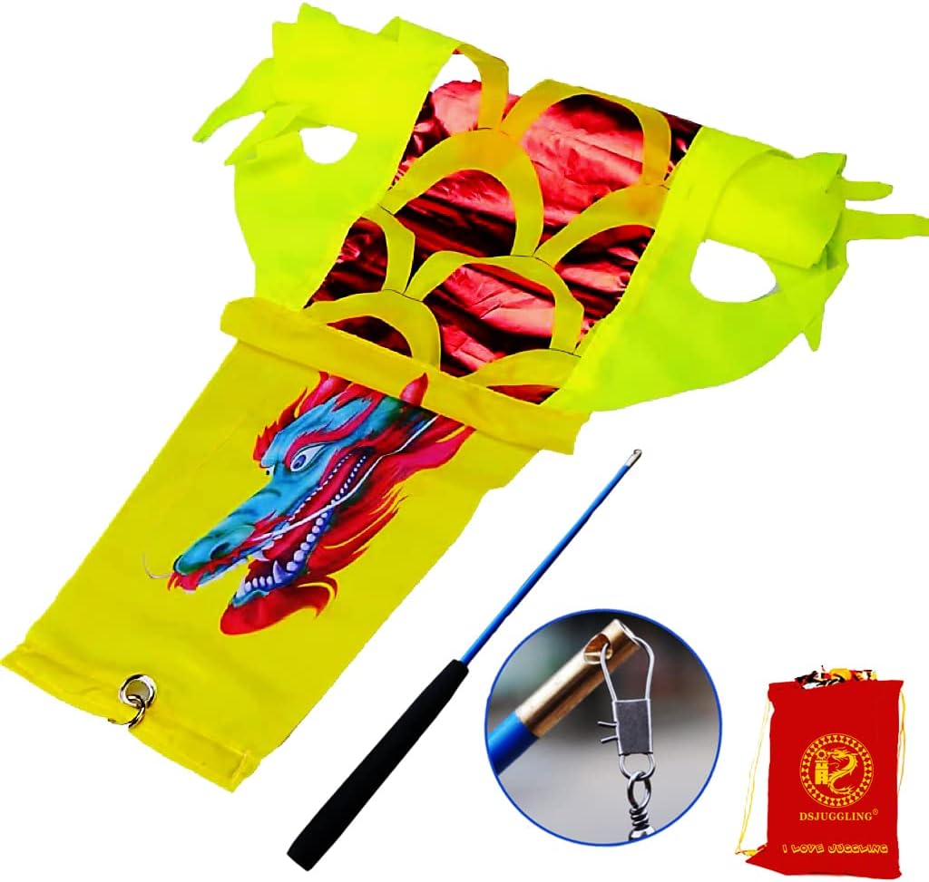 DSJUGGLING 3 Meters (9.8 FT) Golden Scale Dragon Poi, Outdoor Flinging Fitness Dragon Dance 3D Rainbow Color Dragon Ribbon Streamer with Fiberglass Handstick + Travel Bag! (Golden Red Dragon)