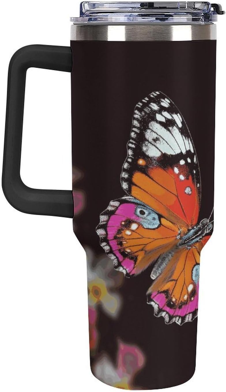 40 Oz Insulated Mug with Handle, Stainless Steel Pretty Butterfly Printed Travel Mug Portable Leak-proof Large Car Mug for Home, Office Or Car
