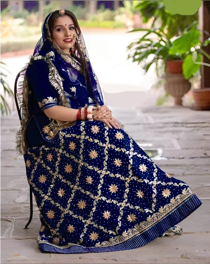 Image of Heavy Embroidery Work Semi Stitched Shimmer Silk Rajputi Poshak For Women Rajasthani Lehenga Choli