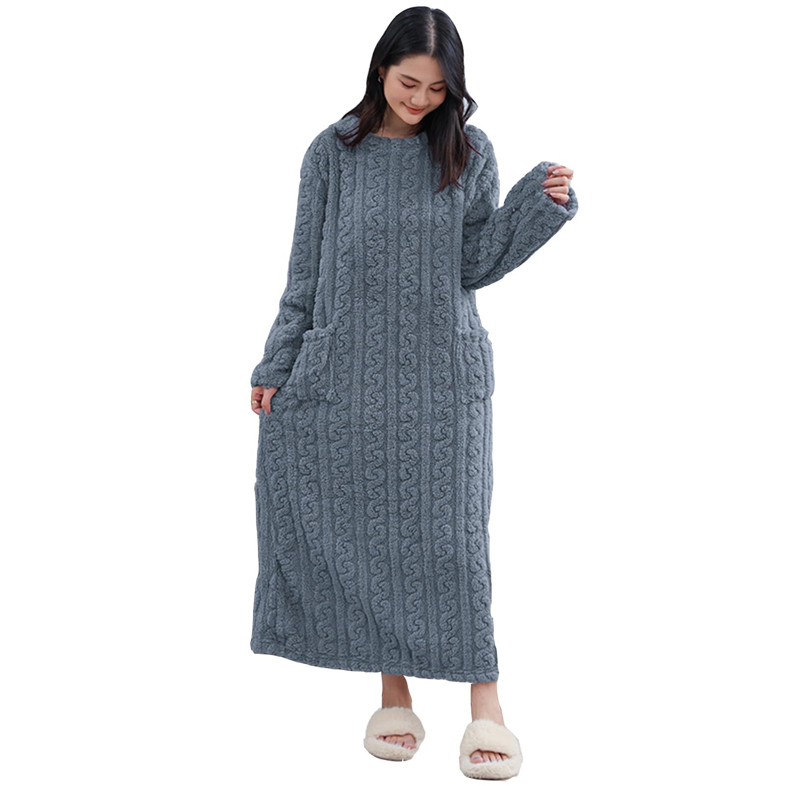 Vestaglia Donna Lungo Camicia Da Notte In Pile E Pesante Caldo Sleepwear | Vestaglia Inverno Fleece Termica Loungewear A Manica Lunga Abbigliamento Girocollo Larghi Accappatoio Con Tasche