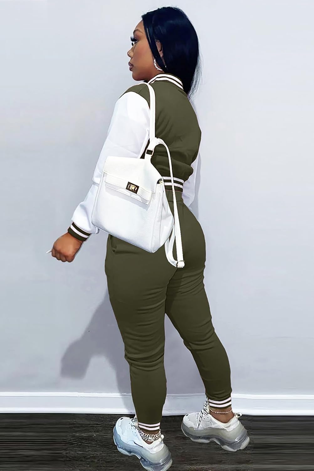 Womens Two Piece Tracksuit Button Down Cropped Varsity Jacket Pants Set Jogger Sweatsuit - Image 3