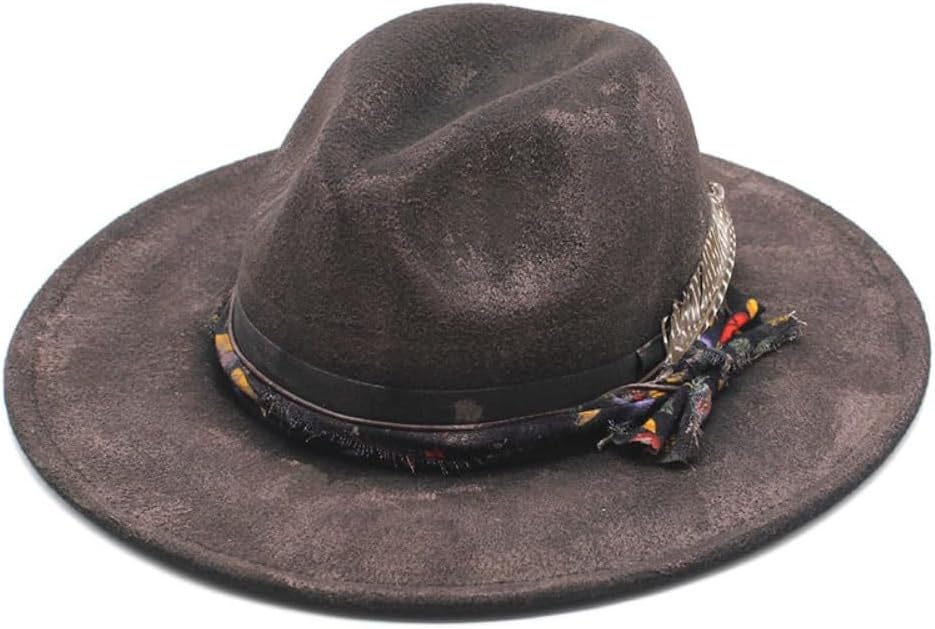 Western Cowboy Hat with Feather, Brown, Felt Material, Wide Brim, Decorative Black Band with Silver Conchos