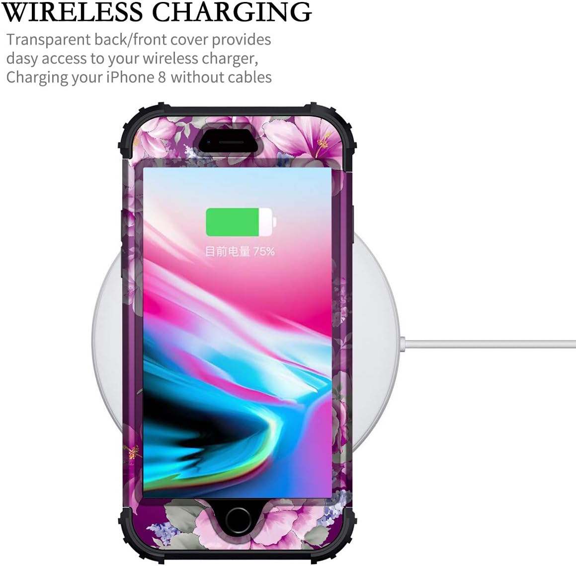 LONTECT Compatible iPhone 8 Case, iPhone 7 Case Floral 3 in 1 Heavy Duty Hybrid Sturdy High Impact Shockproof Protective Cover Case for Apple iPhone 8/iPhone 7 - Black/Purple Flower