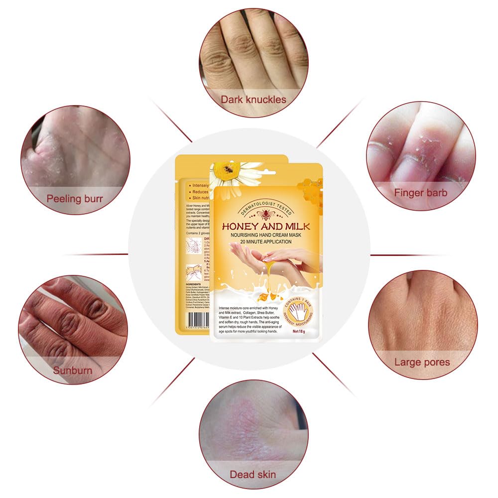Maschera Per Le Mani Guanti, 5 Paia Maschera Idratanti Per Mani Esfoliante al Miele con Estratti Vegetali Naturali, Collagene, Sbiancanti e Antietà, Riparazione Della Pelle Ruvida (Miele e latte)