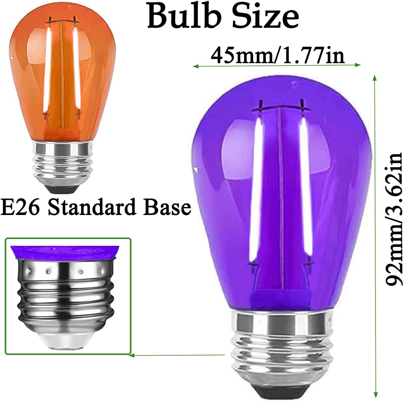 24 Pack S14 Purple and Orange Colored LED Light Bulb 2W Christmas Replacement String Lights Bulb E26 Base Plastic Shatterproof Waterproof LED Bulbs for Christmas Halloween Party Wedding(Purple,Orange)