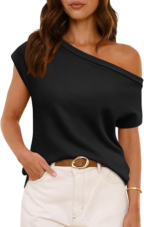 LILLUSORY Womens Off The Shoulder Sweaters Casual Short Sleeve Knit Tops Trendy Summer Going Out Lightweight Pullover