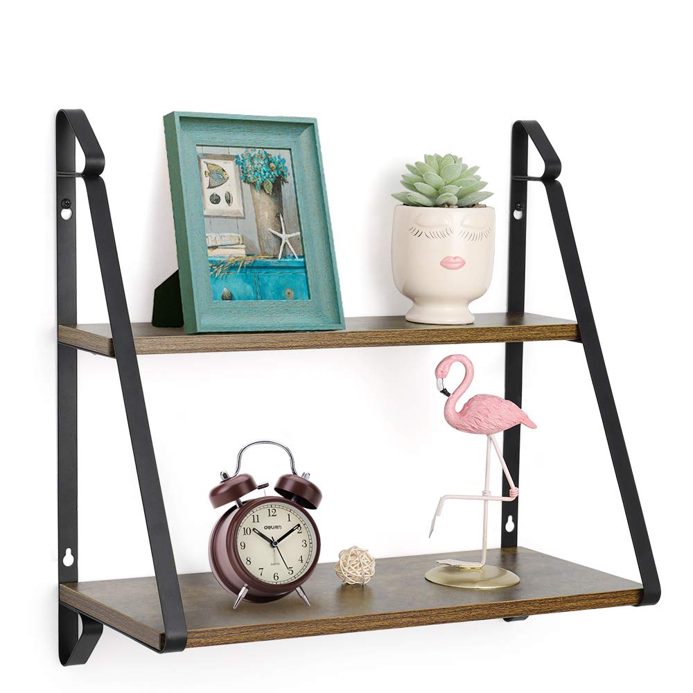 2-Tier Rustic Floating Wall Shelves, Wall-Mounted Shelf Perfect Decor and Storage for Bedroom, Kitchen, Living Room, Bathroom, Industrial Dispaly Wall Rack with Metal Brackets