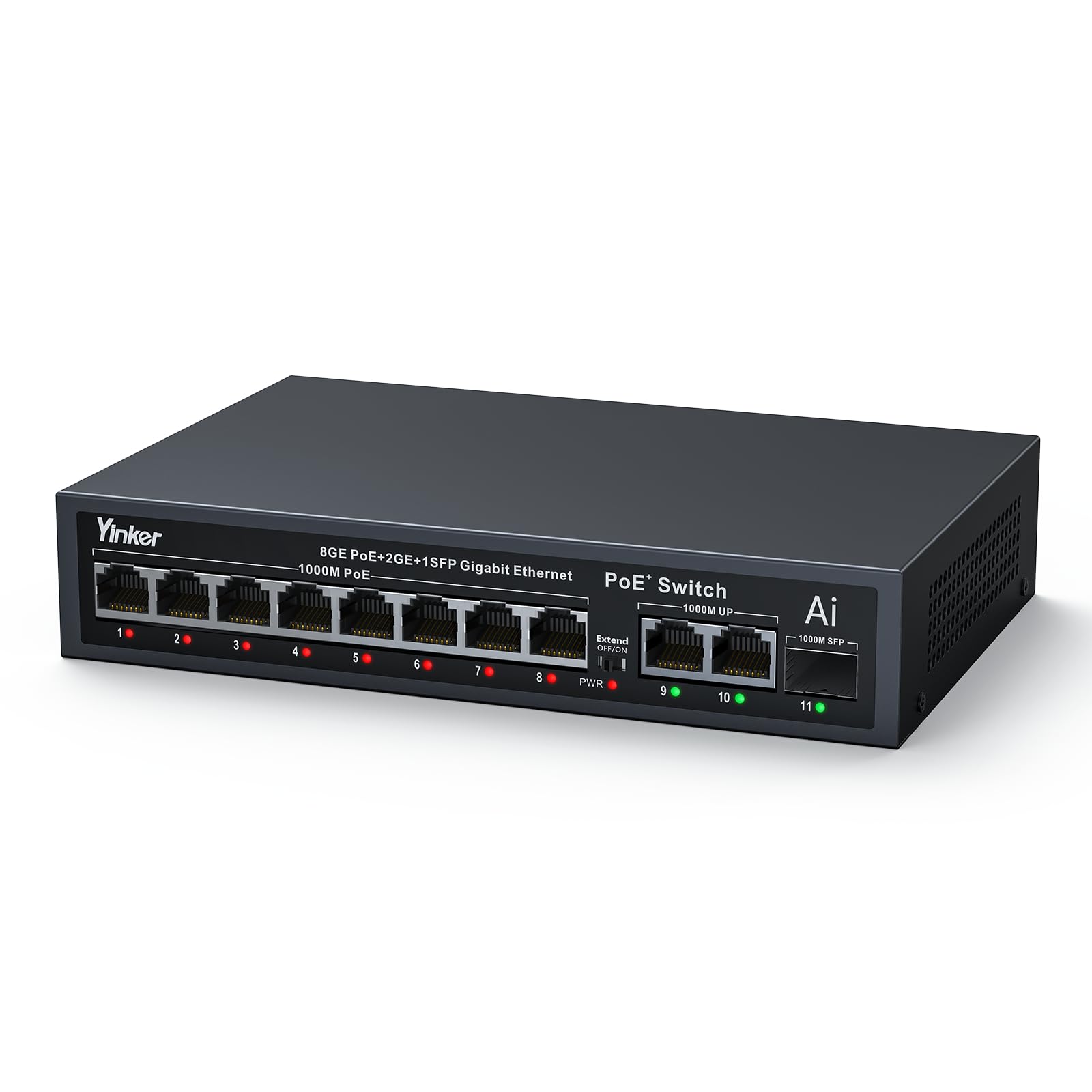 Switch PoE Gigabit de 11 Puertos, 8 Puertos PoE+ 120W + 2 Uplink Gigabit + 1 Ranura SFP, Plug & Play, Modo Extensión/VLAN, Recuperación Automática, Carcasa Metálica, Montaje en Mesa/Pared