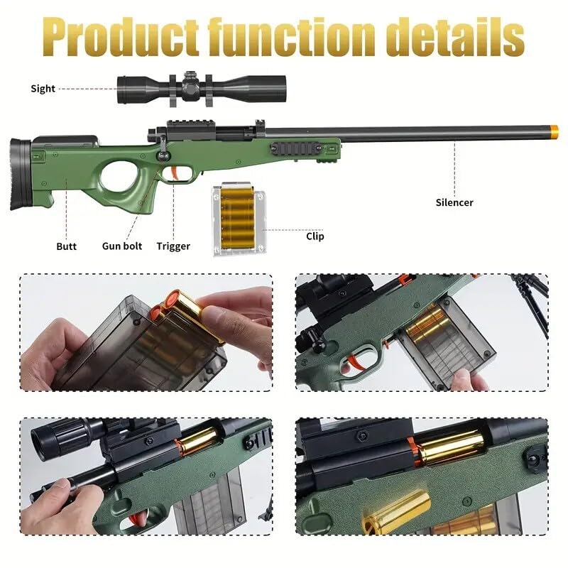 Image of AWM Sniper Soft Bullet Gun Toy for Kids, Manual Soft Bullet Sniper Gun for Boys, Realistic Shooting Machine Gun Toy with Scope & Magazine Spiner Gun for Adults